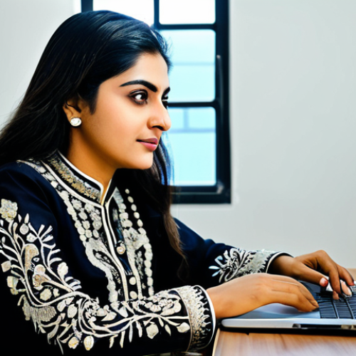 **

"A successful Pakistani businesswoman, fully clothed in a stylish shalwar kameez with intricate embroidery, working on a laptop in a bright, modern office in Karachi, safe for work, appropriate content, modest, professional attire, perfect anatomy, natural proportions, professional photography, high quality."

**