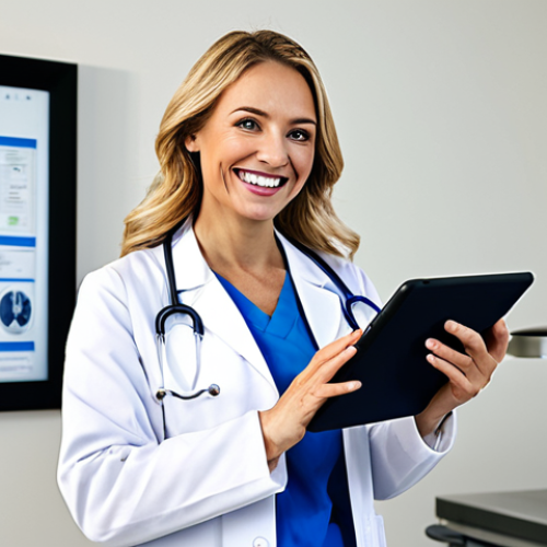 **

"A professional female doctor, fully clothed in a modest lab coat and scrubs, smiling warmly in a modern hospital office.  She is holding a tablet displaying patient information.  Safe for work, appropriate content, perfect anatomy, natural pose, well-formed hands, proper finger count, professional, family-friendly, high quality, detailed background."

**