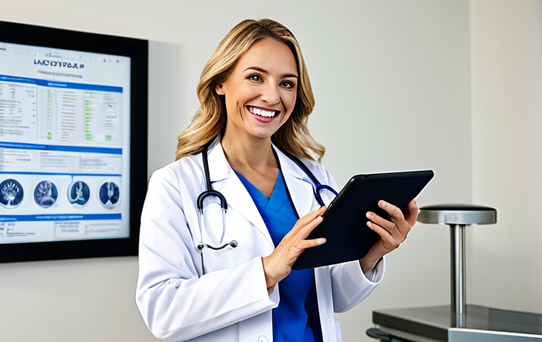 **
"A professional female doctor, fully clothed in a modest lab coat and scrubs, smiling warmly in a modern hospital office. She is holding a tablet displaying patient information. Safe for work, appropriate content, perfect anatomy, natural pose, well-formed hands, proper finger count, professional, family-friendly, high quality, detailed background."
**